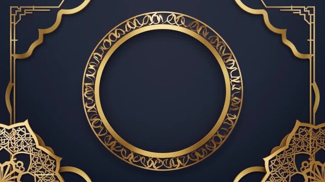 Elegant gold circular ornate frame with intricate Islamic patterns on a deep blue background, perfect for titles or invitations.