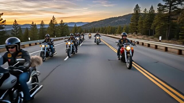 Biker gang riding motorcycles on a scenic mountain road at sunset