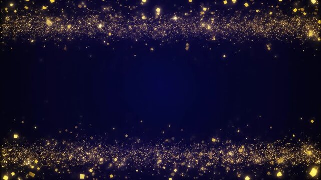 Animated golden glittering particles frame a dark blue background, creating a festive and elegant border for announcements.