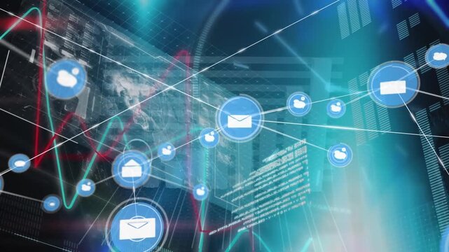 Animation of digital message icons connecting the lines, moving lines graphs over graphical data