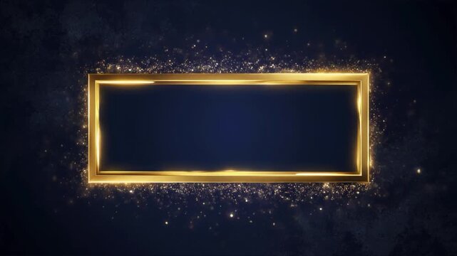 Golden rectangular frame with shimmering particles on a textured dark blue background, elegant announcement