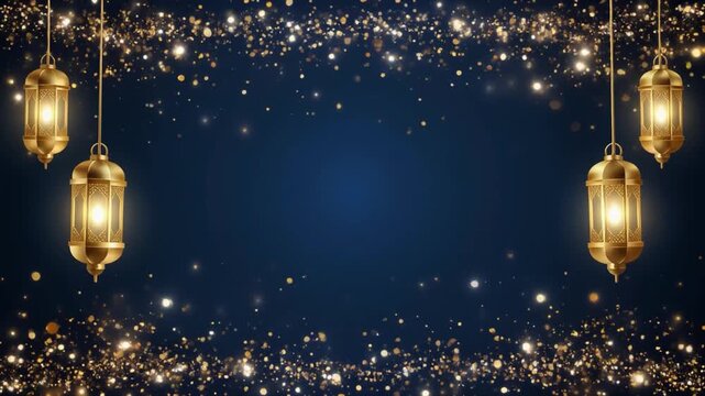 A decorative frame of sparkling golden lights and hanging Ramadan lanterns borders a deep blue background, ideal for holiday greetings and special event titles.