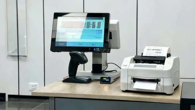 Point-of-sale terminal with touchscreen monitor and receipt printer on a wooden desk in a modern office setting with white walls.