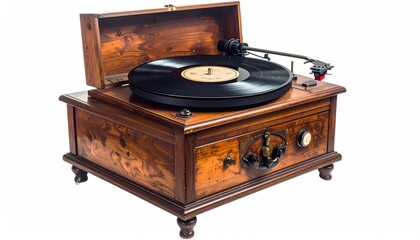 Antique Wooden Gramophone with Vinyl Record and Open Lid.