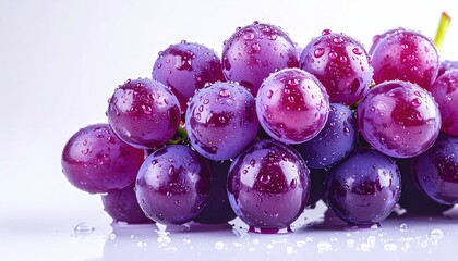 Close-up of Fresh Purple Grapes with Water Droplets on White Background.