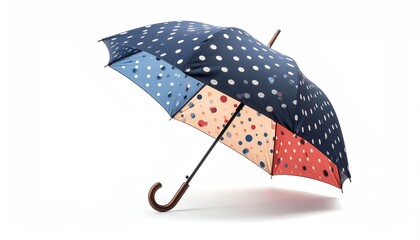Colorful polka dot umbrella on a white background, providing rain protection.