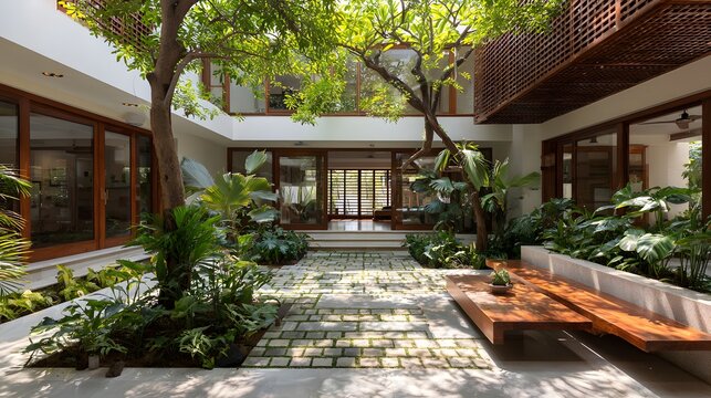 Contemporary courtyard summer home open atrium bright natural ventilation