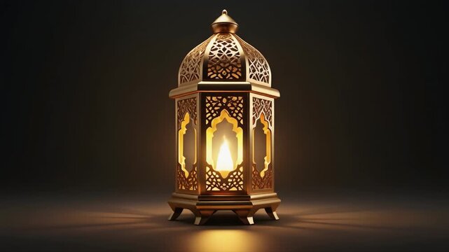 A solitary ornate golden lantern with a glowing flame rests on a dark, reflective floor, casting elegant light and shadow patterns in a minimalist composition.