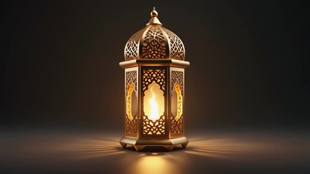 A single, intricately designed golden Ramadan lantern with a warm inner flame casts intricate light patterns on a dark, subtly reflective surface.