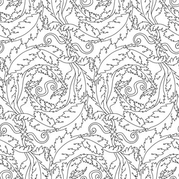Hand drawn black and white acanthus leaf Art Nouveau line seamless pattern. Elegant monochrome floral vector background for print. Vintage botanical texture