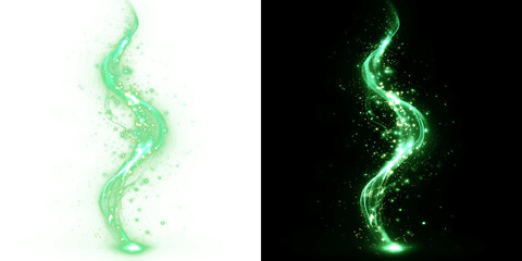 Vibrant Green Magical Energy Wave With Glowing Emerald Particles And Luminous Swirling Trails For Nature Themed Fantasy Concepts And Magic Spells On Transparent Background PNG © Tomash