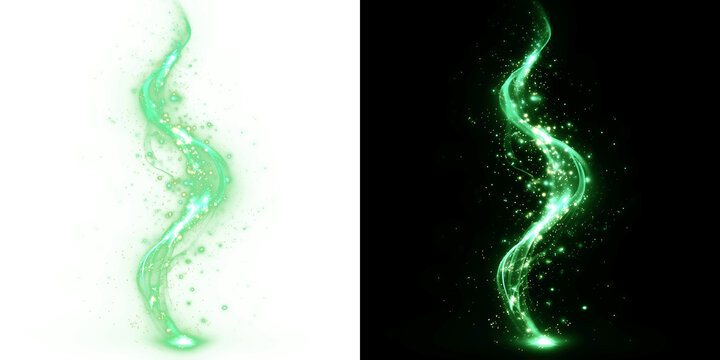 Vibrant Green Magical Energy Wave With Glowing Emerald Particles And Luminous Swirling Trails For Nature Themed Fantasy Concepts And Magic Spells On Transparent Background PNG