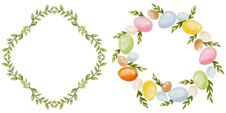 Hand-painted Easter illustration with decorated eggs and spring botanical elements in watercolor style