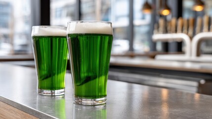 Two glasses of green beer on a bar counter, showcasing a festive St. Patrick's Day theme with a modern pub interior in the background
