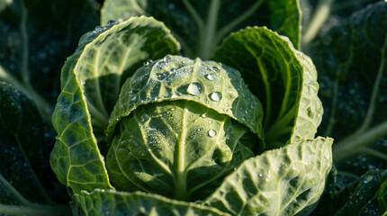 Obraz premium A vibrant green cabbage with dew drops glistening on its leaves, captured in a detailed macro