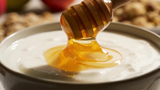 Honey drizzling into yogurt, a delicious and healthy breakfast.
