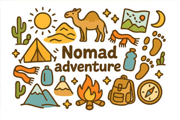 Nomadic Doodles. Nomad adventure. Hand-drawn doodle illustration of nomad adventure. Tent, camel, dunes,