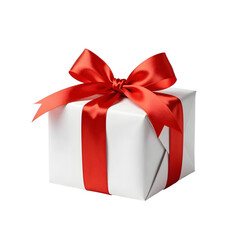 Fototapeta premium Crisp white gift box tied with a shiny red satin ribbon and bow on white background