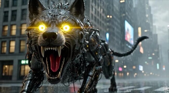 Victor transformed into a cyberpunk wolf, neon glowing eyes, futuristic city background, rain-soaked streets, dramatic atmosphere.
