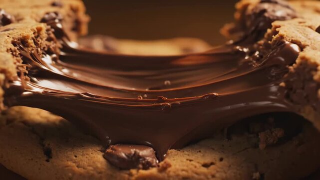 Macro close-up shot of a freshly baked chocolate chip cookie being pulled apart, revealing a gooey, molten chocolate center in a warm, inviting, and appetizing food photography style.