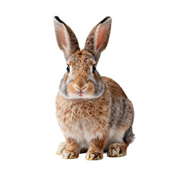 Obraz premium Adorable fluffy rabbit with brown and gray fur sits upright on white background