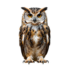 Obraz premium Proud owl staring forward with intensity on a white backdrop