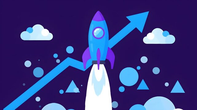 A rocket ship blasts off into space with clouds and geometric shapes floating around it.