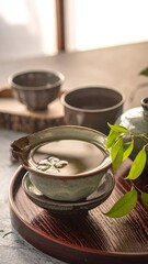 Traditional Green Tea Cups on Wooden Table