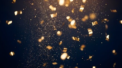 A brilliant shower of sparkling golden glitter particles and shimmering metallic confetti pieces elegantly falls against a dark dramatic backdrop creating a festive celebration.