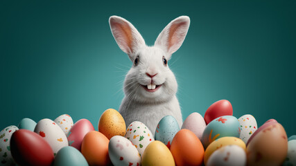  cool little easter bunny, rabbit sitting on many colorful painted esater eggs. Beautiful easter greeting card.