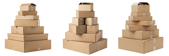Obraz premium Set of Cardboard Box Stacks PNG - Brown Corrugated Delivery Packages Transparent Background PNG