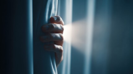 Fototapeta premium A hand pulling back a curtain to reveal a ray of sunlight. The image has a moody, mysterious tone