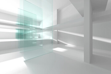 Fototapeta premium Modern architectural space with glass panels and dynamic light reflections. 3d render