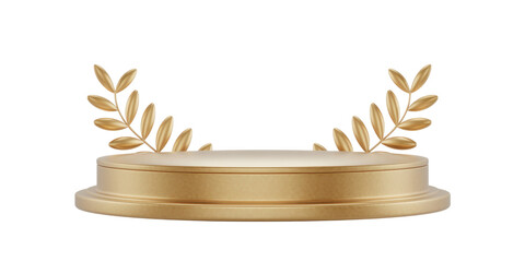 Golden podium with laurel leaves stage decoration isolated on a transparent background