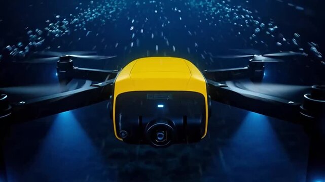 Futuristic underwater drone exploring ocean depths with bright lights