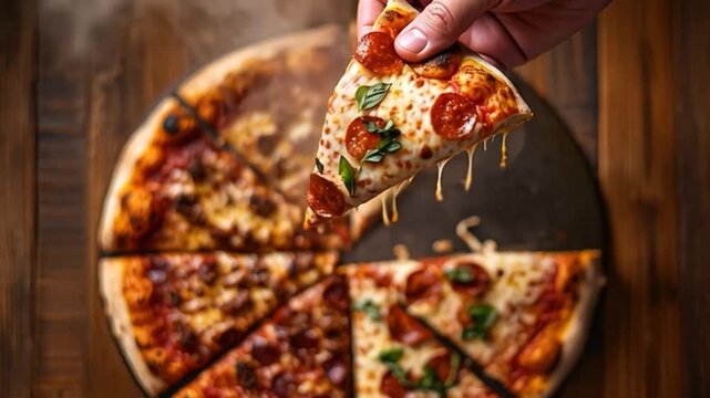 Delicious pepperoni pizza being served on wooden table