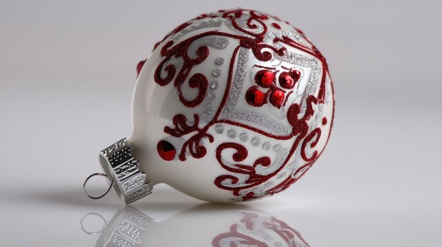 A detailed, white Christmas ornament with ornate red and silver designs is displayed against a plain white background.