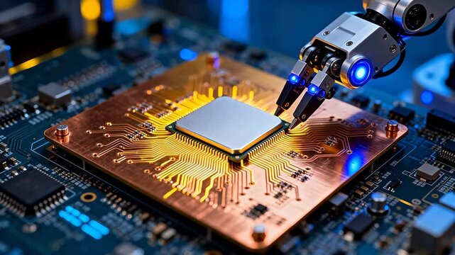 Robot arm placing microchip on circuit board