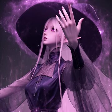 Una hechicera &eacute;lfica con un sombrero puntiagudo y ojos violetas, envuelta en un aura m&aacute;gica.