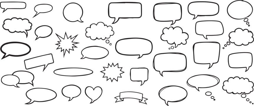 Hand-drawn speech bubbles and thought clouds, blank for text, black outline