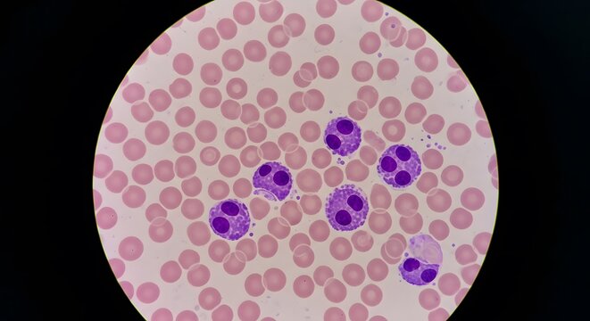 Microscopic image of human blood smear with numerous red blood cells and several neutrophils showcasing their multi-lobed nuclei.