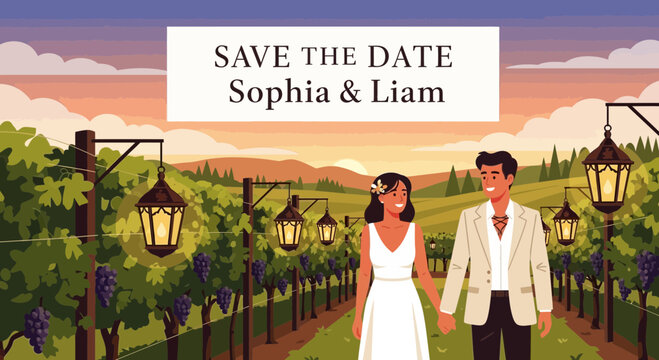 Newlyweds Sophia and Liam holding hands in a romantic vineyard setting.