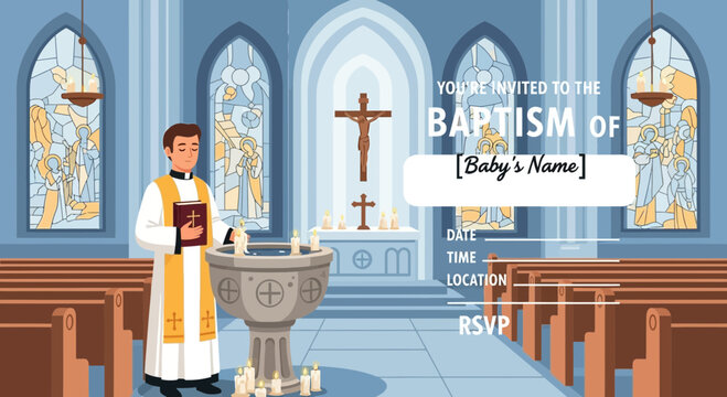 Priest standing next to a baptismal font in a church ready for a babys baptism ceremony.
