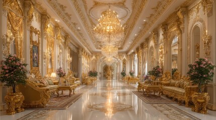 Fototapeta premium A lavish, opulent interior design showcasing a grand hall adorned with ornate golden details, luxurious furniture, and elegant lighting fixtures.