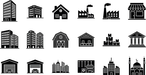 Building and architecture black silhouette icons set city industrial residential structures vector illustration