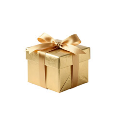 Obraz premium Shiny gold gift box wrapped with ribbon on white background