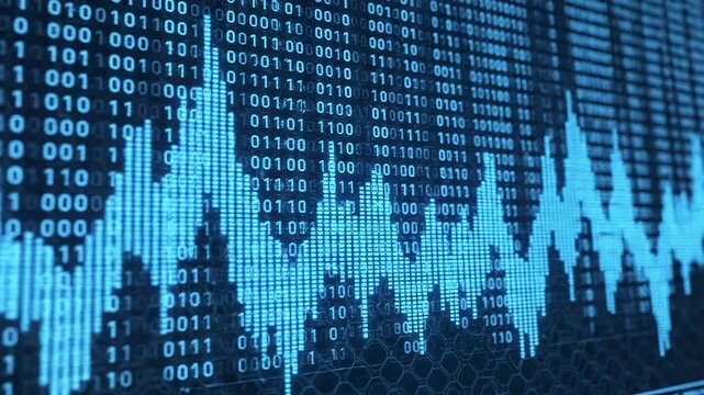 Data visualization of binary code and digital information.