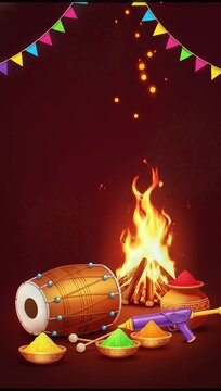 Holika Dahan and Holi Festival Illustration with Bonfire and Dhol