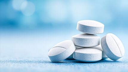Obraz premium Pile of antihistamine tablets on a clean background with copy space. Concept of seasonal allergy treatment, healthcare, pharmacy products and medical prevention.
