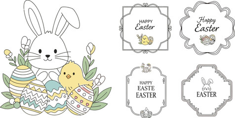 Fototapeta premium Adorable collection featuring a cute cartoon white bunny surrounded by colorful decorated easter eggs and a small yellow chick with floral elements.